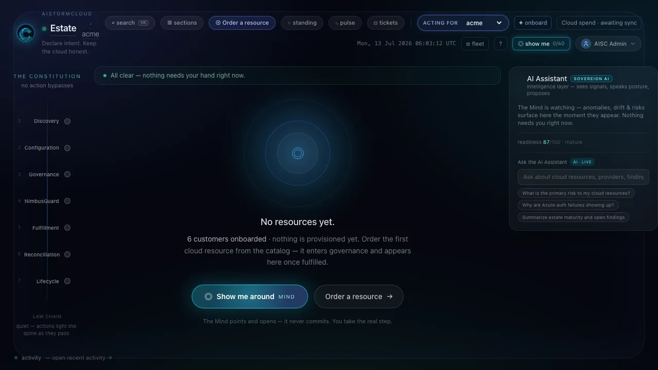 The SNOG living estate — the constitution rail, the Law Chain, and the Sovereign AI assistant, captured from the live fleet